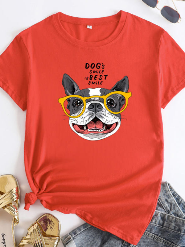 Tees- Playful Pup Print Women's Short Sleeve Cotton Tee- Orange- IndioGear Fashion and Gear