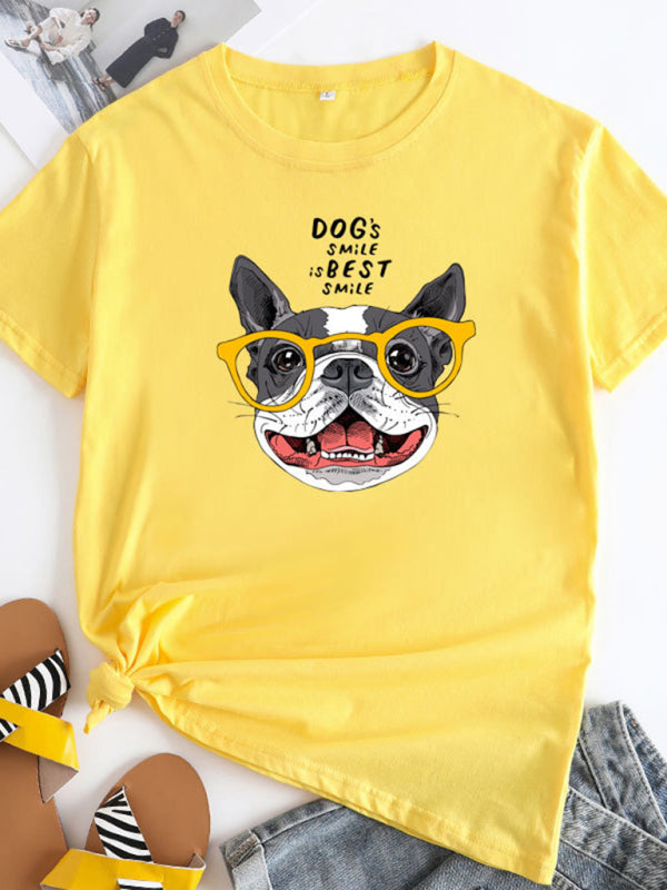 Tees- Playful Pup Print Women's Short Sleeve Cotton Tee- Yellow- IndioGear Fashion and Gear