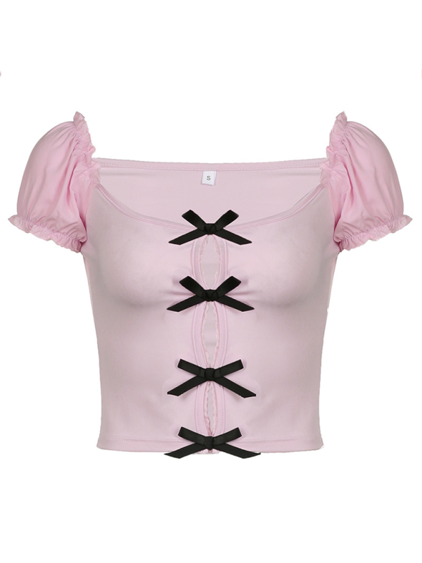 Tees- Tie-Up Solid Short Sleeves Tee Top with Contrast Ribbons- - IndioGear Fashion and Gear