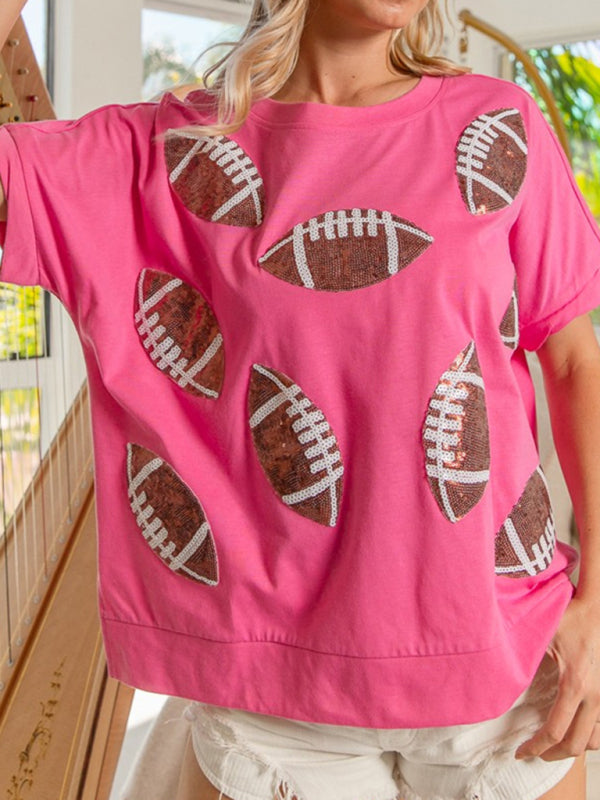 Tees- Touchdown Style Sequined Football T-Shirt for Game Days- Rose- IndioGear.com