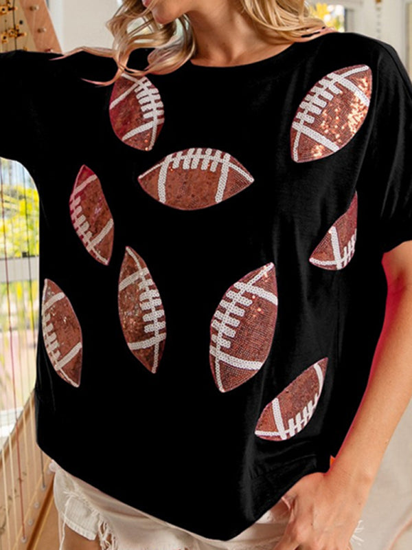 Tees- Touchdown Style Sequined Football T-Shirt for Game Days- Black- IndioGear.com