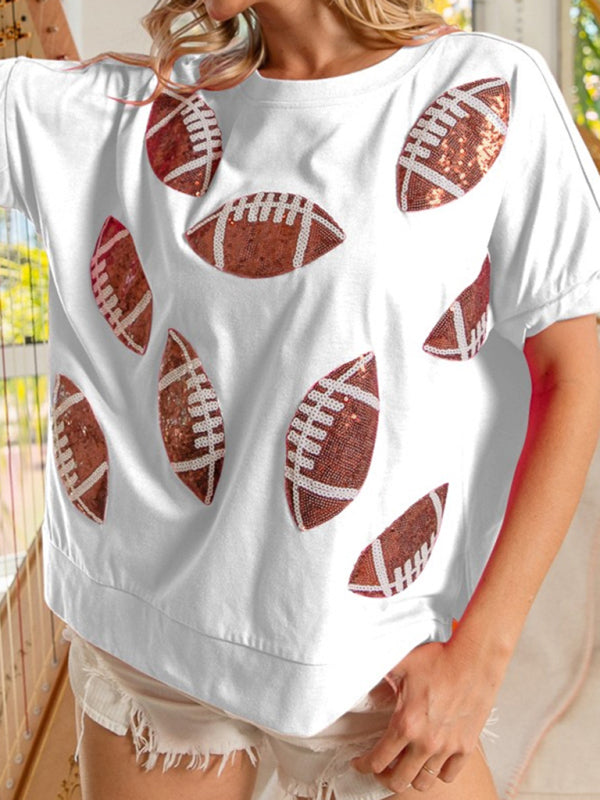 Tees- Touchdown Style Sequined Football T-Shirt for Game Days- White- IndioGear.com