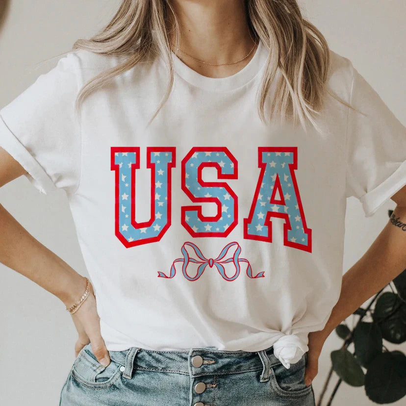 Tees- USA Patriotic Women's Flag Print Tee for Independence Day- - Chuzko Women Clothing