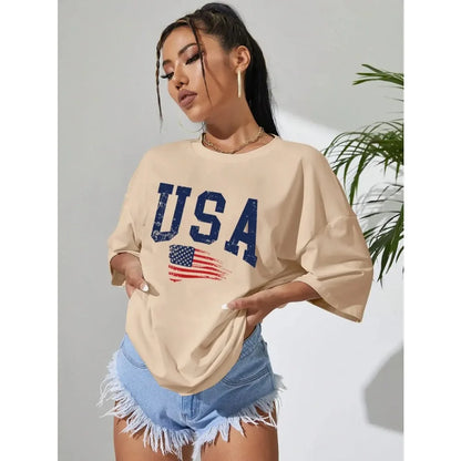 Tees- Women USA Tee for Independence Day- Khaki- IndioGear Fashion and Gear