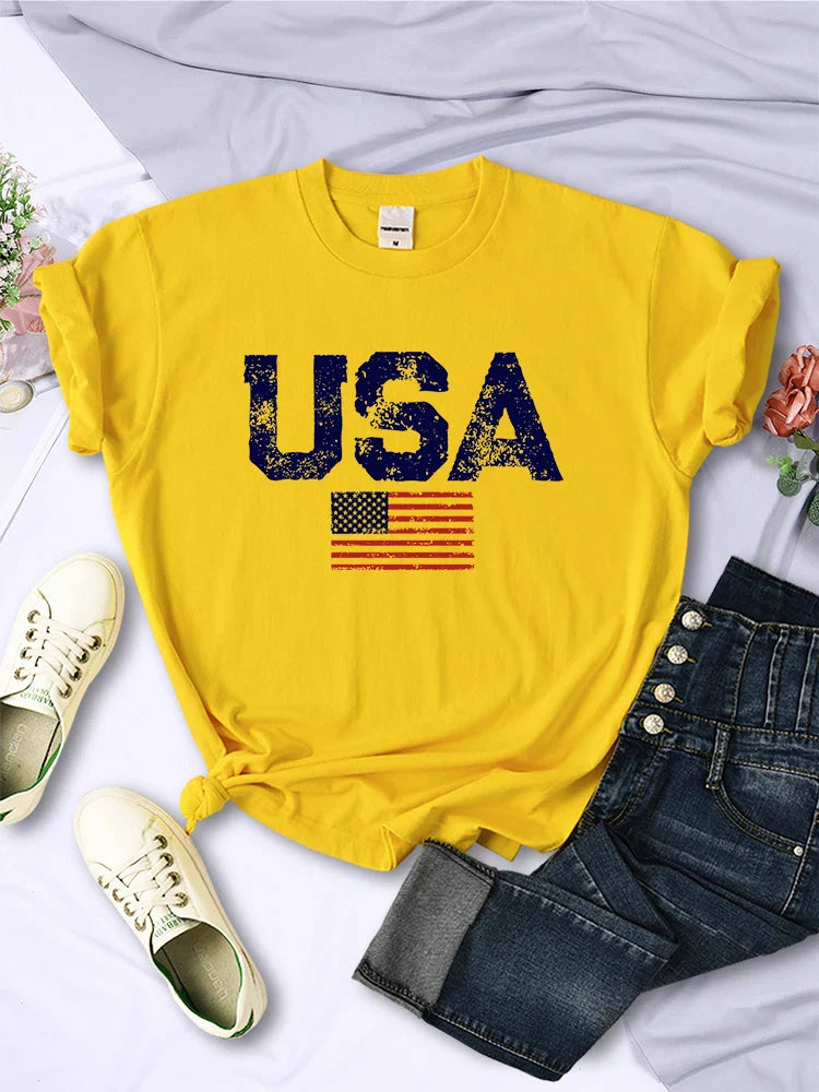 Tees- Women's American Flag T-Shirt for July 4th- Yellow- IndioGear Fashion and Gear