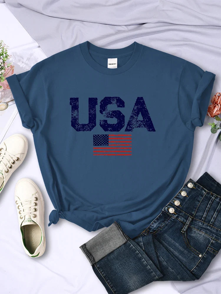 Tees- Women's American Flag T-Shirt for July 4th- Haze Blue- IndioGear Fashion and Gear