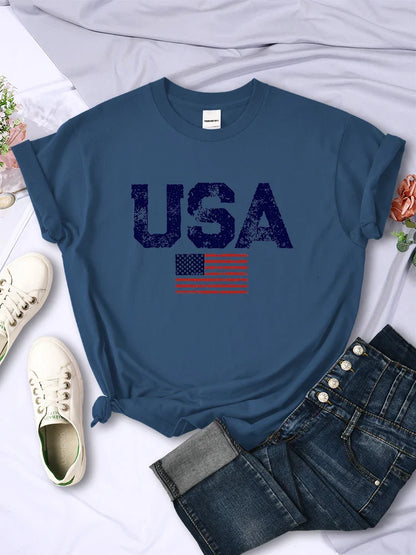 Tees- Women's American Flag T-Shirt for July 4th- Haze Blue- IndioGear Fashion and Gear