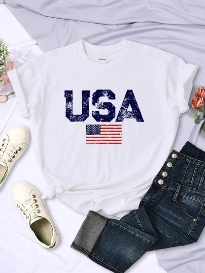 Tees- Women's American Flag T-Shirt for July 4th- White- IndioGear Fashion and Gear