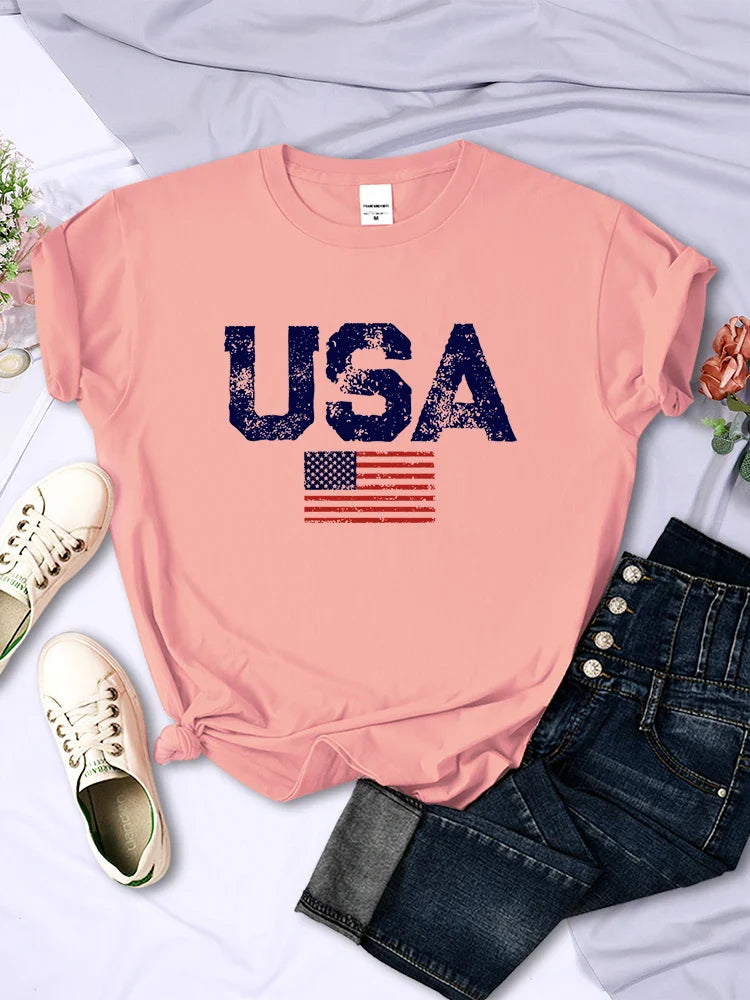 Tees- Women's American Flag T-Shirt for July 4th- Pink- IndioGear Fashion and Gear