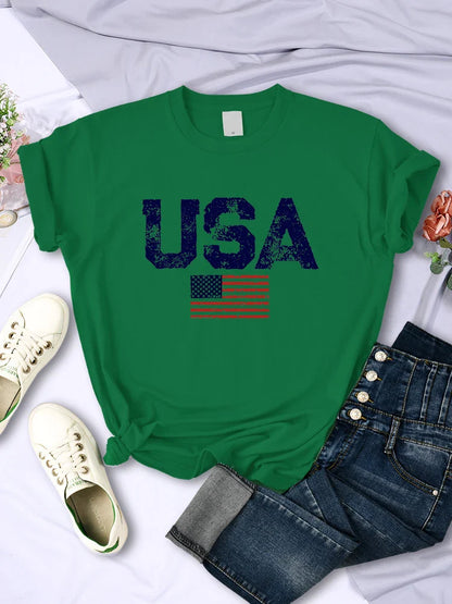 Tees- Women's American Flag T-Shirt for July 4th- Green- IndioGear Fashion and Gear