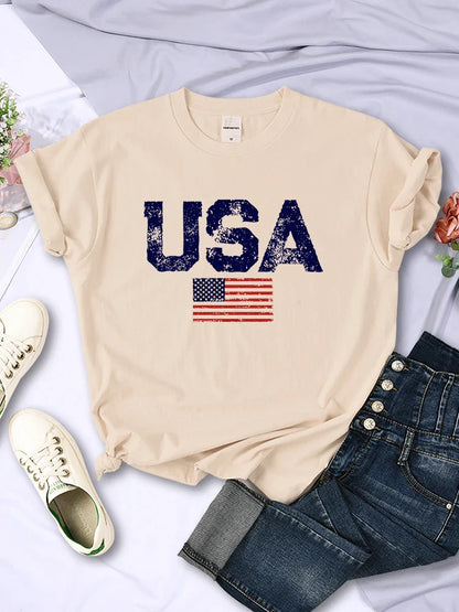 Tees- Women's American Flag T-Shirt for July 4th- Khaki- IndioGear Fashion and Gear