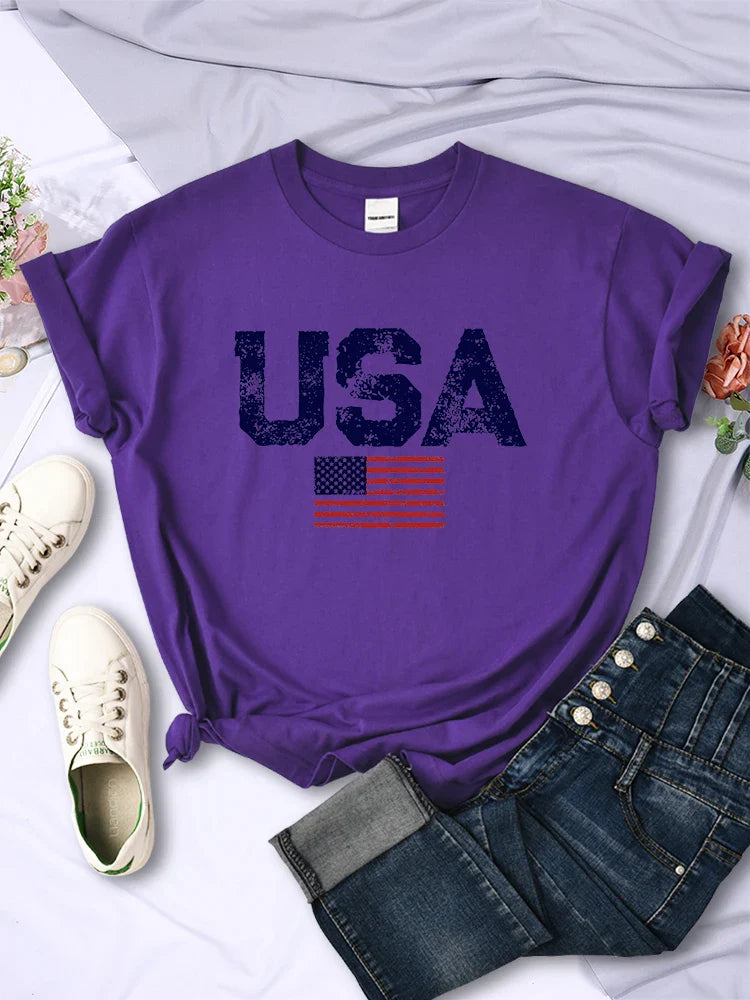 Tees- Women's American Flag T-Shirt for July 4th- Purple- IndioGear Fashion and Gear