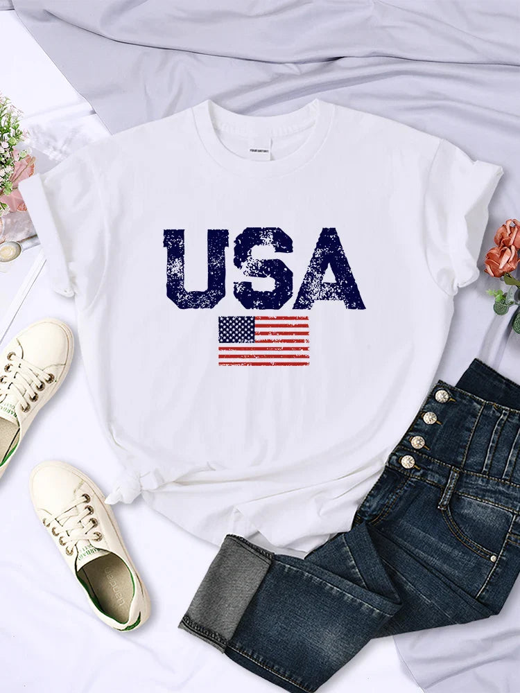 Tees- Women's American Flag T-Shirt for July 4th- - IndioGear Fashion and Gear