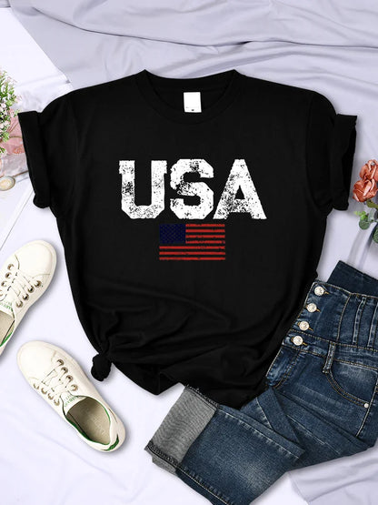 Tees- Women's American Flag T-Shirt for July 4th- Black- IndioGear Fashion and Gear