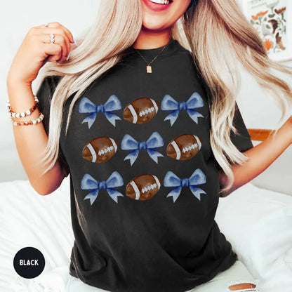 Tees- Women's Football & Bow Patterned Tee- Black- Chuzko Women Clothing