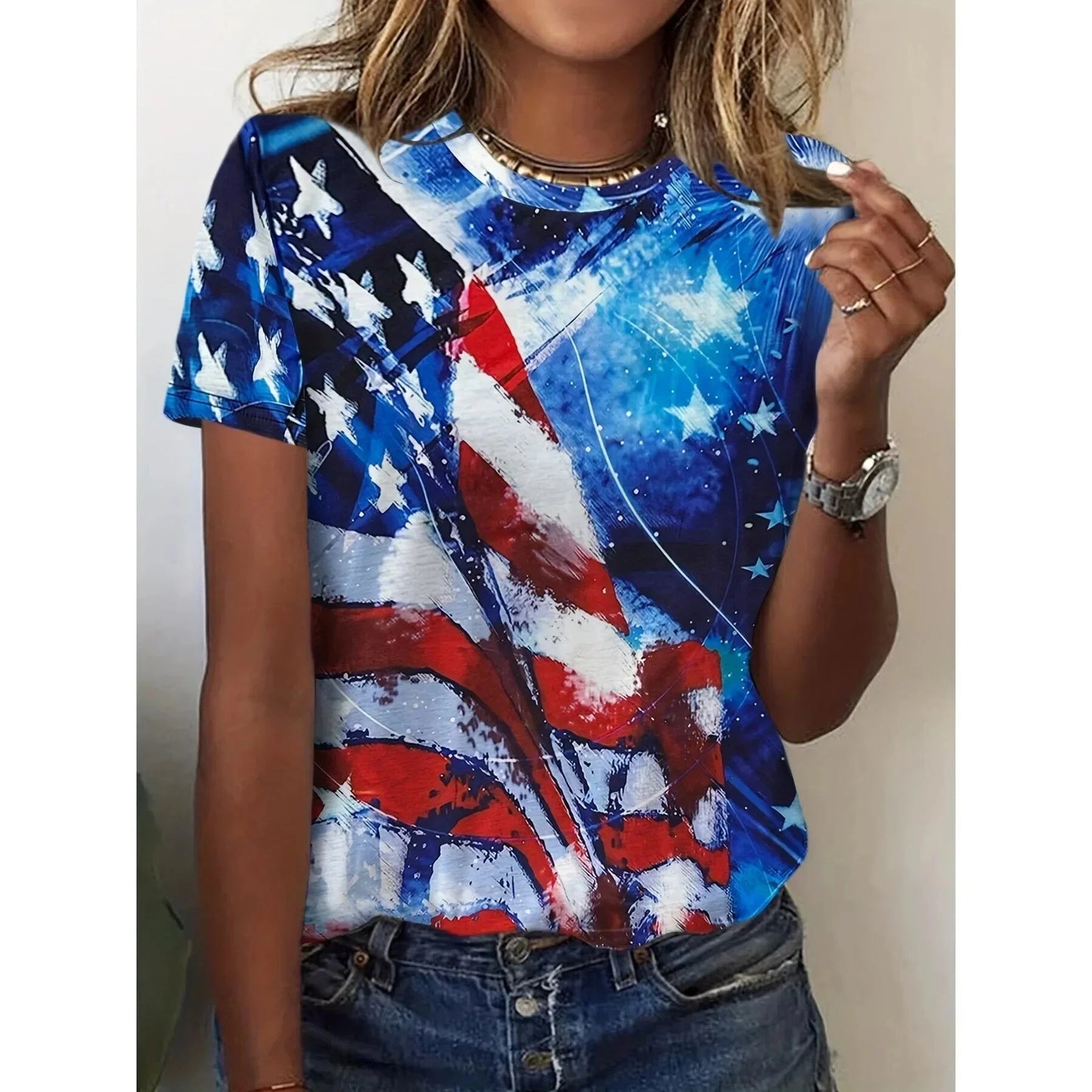 Tees- Women’s Patriotic Print T-Shirt for National Celebrations- Blue- IndioGear Fashion and Gear