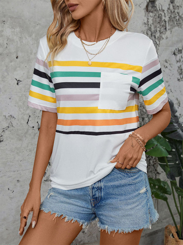 Tees- Women's Stripe Crew Neck T-Shirt with Short Sleeves- - IndioGear Fashion and Gear