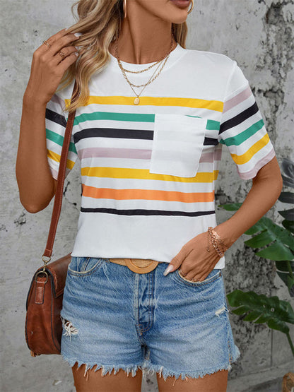 Tees- Women's Stripe Crew Neck T-Shirt with Short Sleeves- - IndioGear Fashion and Gear