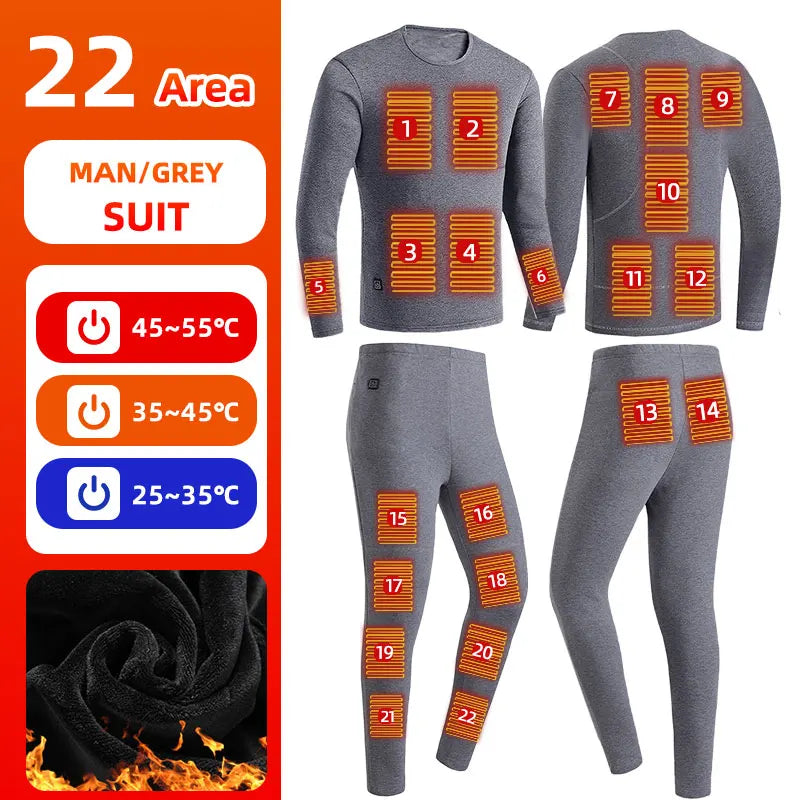 Thermal Outfits - 22 Zone Heated Underwear USB Thermals for Outdoor