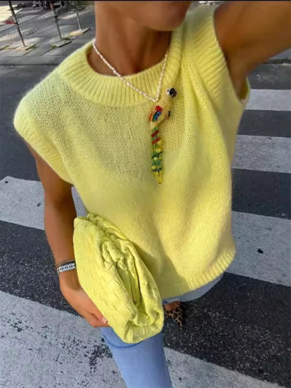 Tops- Casual Crew Neck Knit Top- Yellow- IndioGear.com