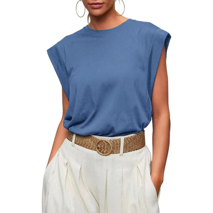 Tops- Essential Solid Cap Sleeves Blouse for Women- Blue- IndioGear.com