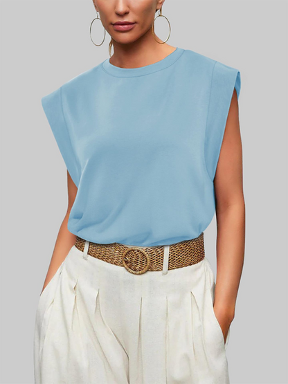 Tops- Essential Solid Cap Sleeves Blouse for Women- Sky blue azure- IndioGear.com