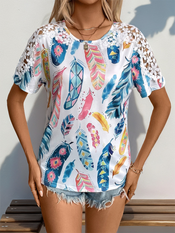 Tops- Lace Trimmed Summer Blouse - Colorful Leaf Print Top- - IndioGear.com