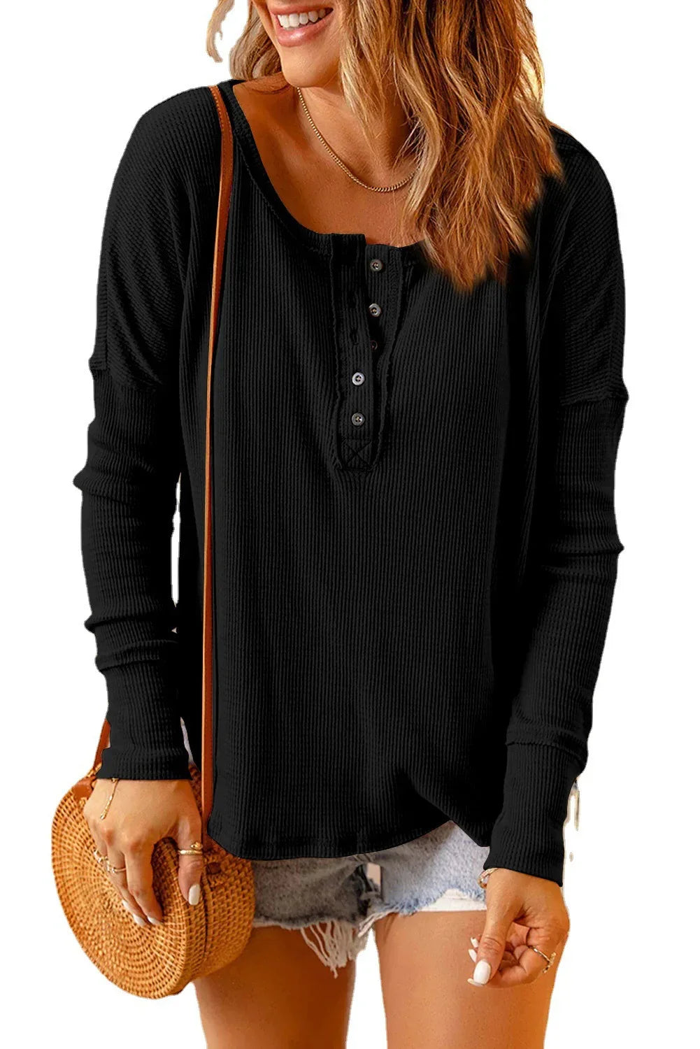 Tops- Long-Sleeve Casual Top Oversized Textured Fall T-Shirt- Black- IndioGear.com