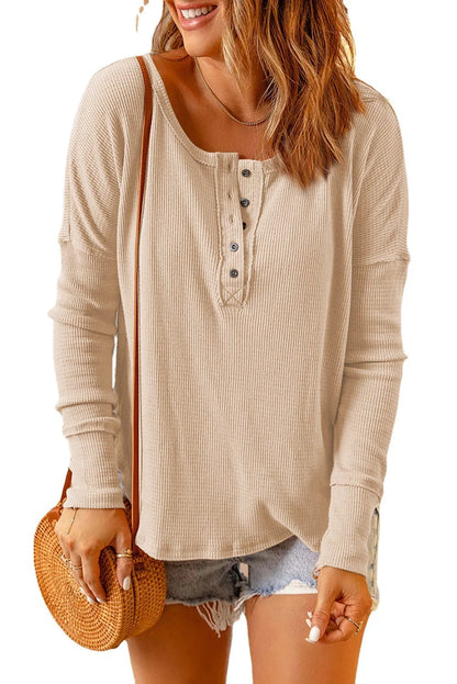 Tops- Long-Sleeve Casual Top Oversized Textured Fall T-Shirt- Beige- IndioGear.com