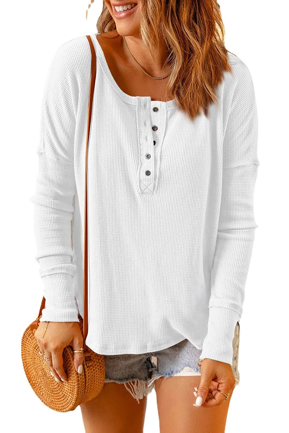 Tops- Long-Sleeve Casual Top Oversized Textured Fall T-Shirt- White- IndioGear.com