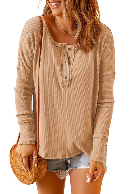 Tops- Long-Sleeve Casual Top Oversized Textured Fall T-Shirt- Khaki- IndioGear.com