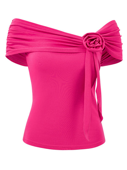 Tops- Off-Shoulder Slim Fit Rosette Side Top for Women- - IndioGear.com