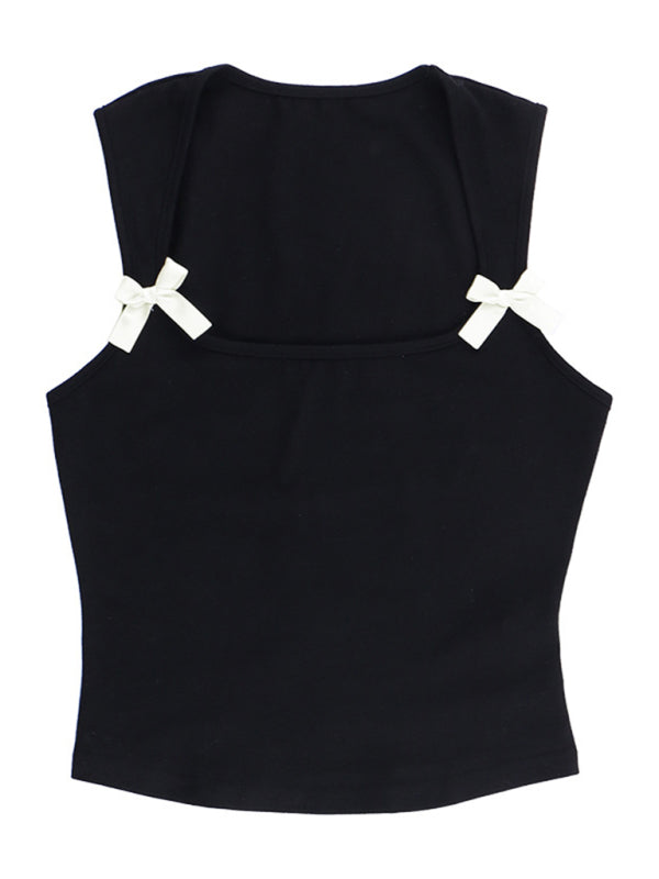 Tops- Ribbon-Adorned Women's Slim Fit Tank Solid Sleeveless Top- - IndioGear Fashion and Gear