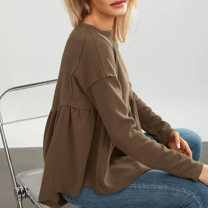 Tops- Ruffled Oversized Top Long-Sleeve Fancy Pullover- - IndioGear.com