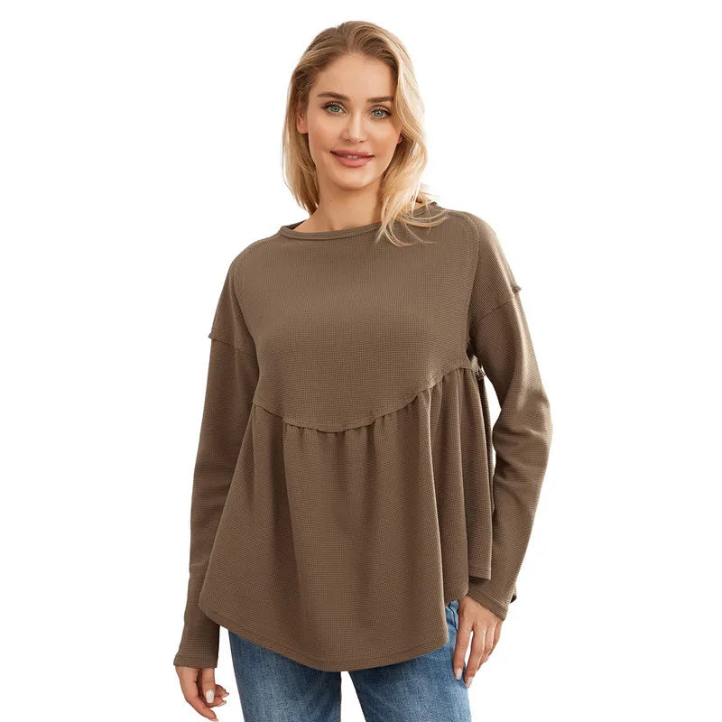 Tops- Ruffled Oversized Top Long-Sleeve Fancy Pullover- Coffee- IndioGear.com