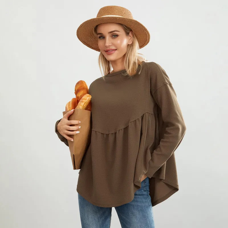 Tops- Ruffled Oversized Top Long-Sleeve Fancy Pullover- - IndioGear.com