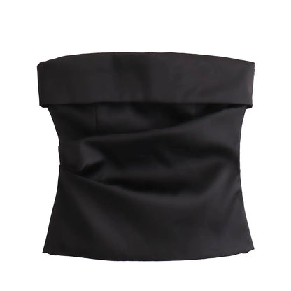 Tops- Slim Fit Satin Silk Top Elegant Pleats for Festivals- Black- IndioGear.com