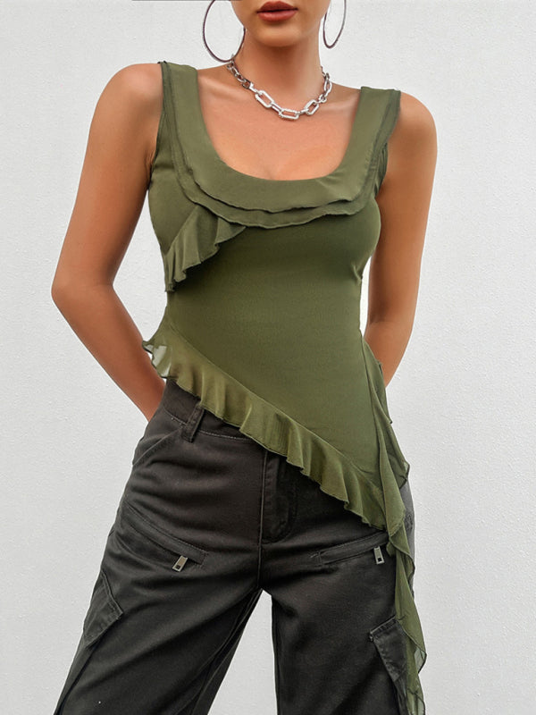 Tops- Square Neck Ruffle Top Women's Sleeveless Asymmetric Blouse- - IndioGear Fashion and Gear