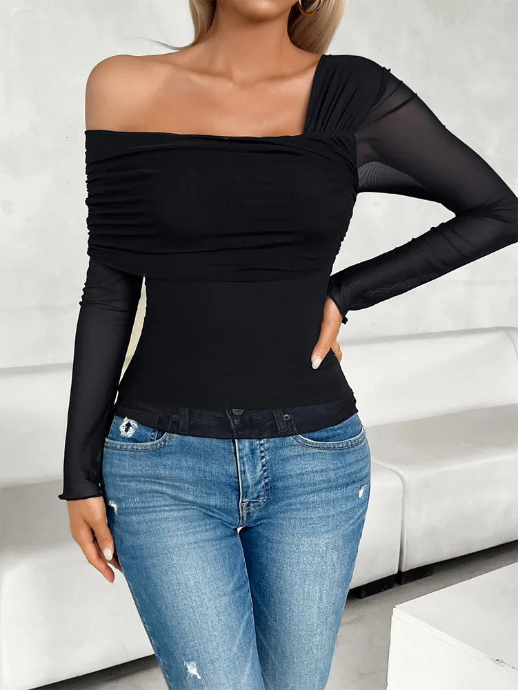 Tops- Women Fall One Shoulder Sheer Long Sleeve Top- Black- IndioGear.com