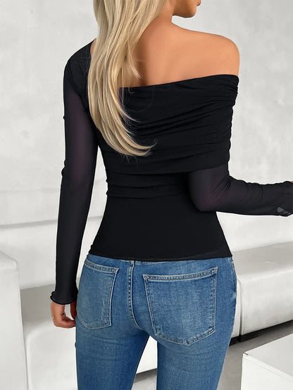 Tops- Women Fall One Shoulder Sheer Long Sleeve Top- - IndioGear.com