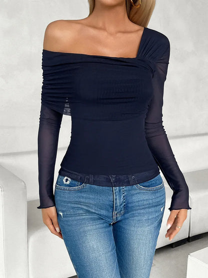 Tops- Women Fall One Shoulder Sheer Long Sleeve Top- Navy Blue- IndioGear.com