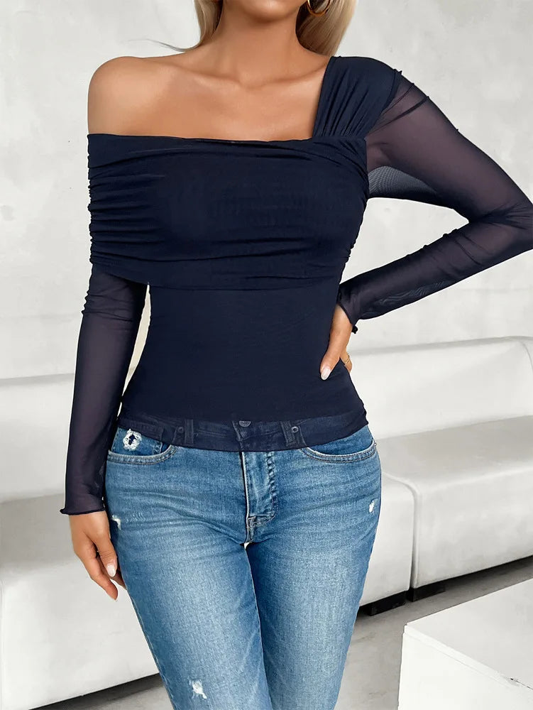 Tops- Women Fall One Shoulder Sheer Long Sleeve Top- - IndioGear.com