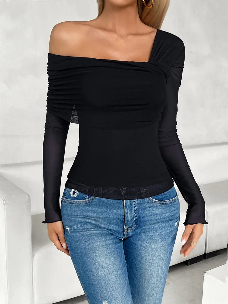 Tops- Women Fall One Shoulder Sheer Long Sleeve Top- - IndioGear.com