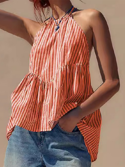 Tops- Women's Backless Peplum Top with Stripes- Orange- IndioGear Fashion and Gear