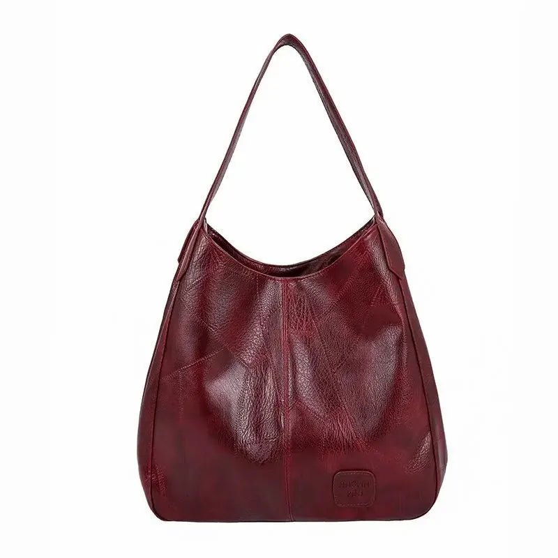 Tote Bags- Faux Leather Marble Grain Shoulder Bag Daily Commuter- Wine Red- IndioGear Women Clothing