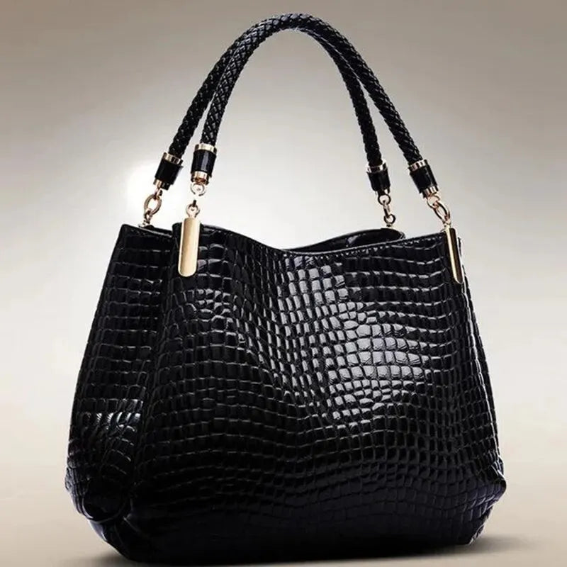 Tote Bags- Luxe Large Capacity Croc-Embossed Tote for Daily Commute- Black- IndioGear Women Clothing