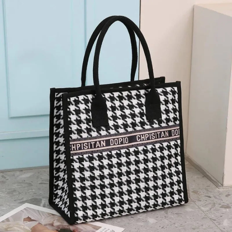 Tote Bags- Metro Cat Carryall – A Must-Have for Modern Women- Houndstooth pattern- IndioGear Women Clothing