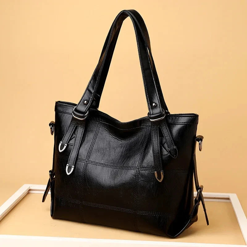 Tote Bags- Modern Luxe Leather Tote with Metallic Touches- Black- IndioGear Women Clothing