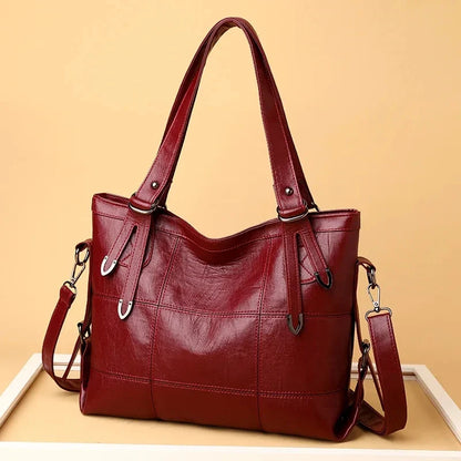 Tote Bags- Modern Luxe Leather Tote with Metallic Touches- Red- IndioGear Women Clothing