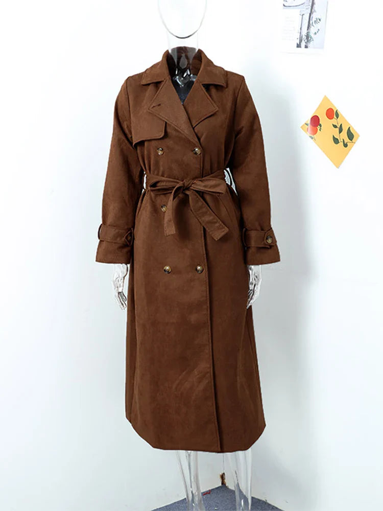 Trench Coats- Double-Breasted Windbreaker Faux Suede Notch Lapel Coat- - IndioGear Women Clothing